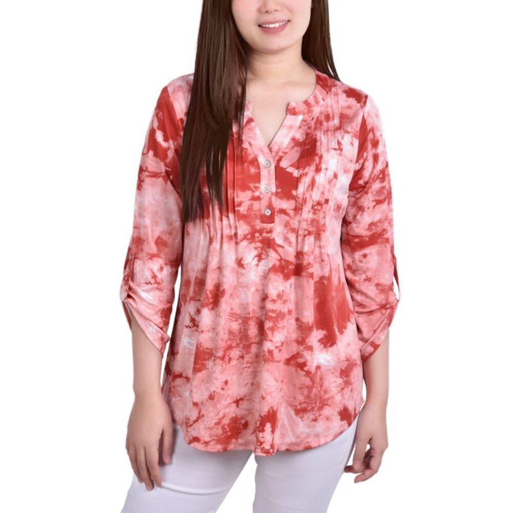 NY Collection Petite Knit Jacquard 3/4 Sleeve Roll Tab Top